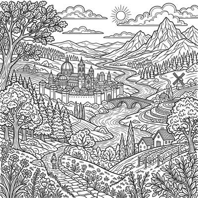 Step into a breathtaking Renaissance scene with this richly detailed coloring page, featuring a historic walled city, winding river, and majestic mountains. This intricate design offers an engaging creative escape for history lovers and art enthusiasts alike.