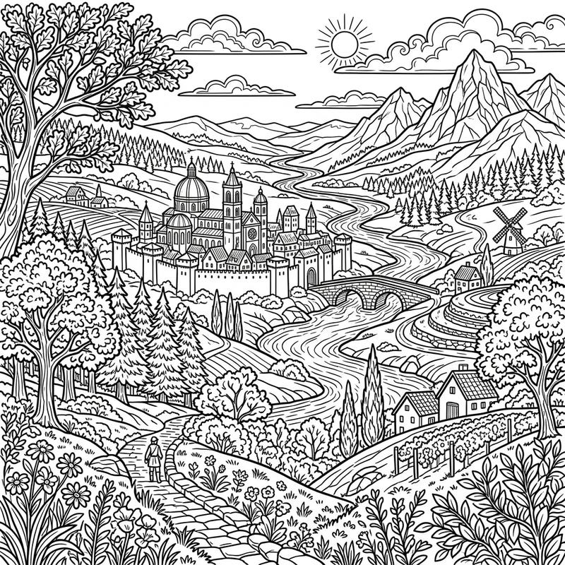 Step into a breathtaking Renaissance scene with this richly detailed coloring page, featuring a historic walled city, winding river, and majestic mountains. This intricate design offers an engaging creative escape for history lovers and art enthusiasts alike.