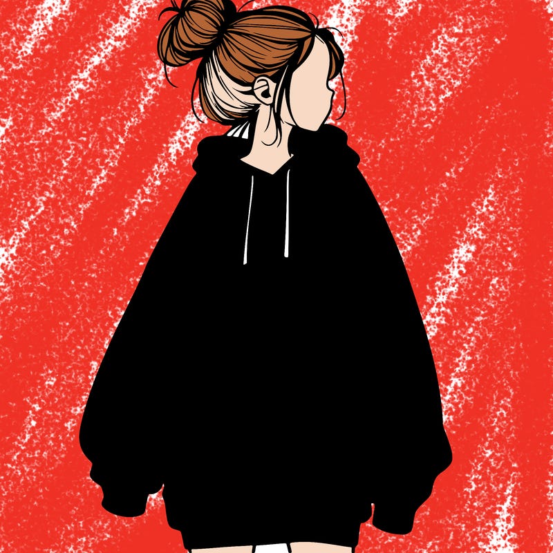 realistic girl with a oversized sweatshirt on and a bun