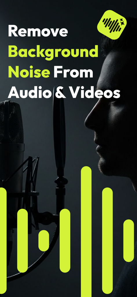 Noise Reducer & Recorder - A person recording into a professional microphone with a digital waveform and text explaining how to remove background noise from audio and video
