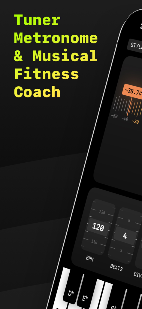 Interface de l'application Accordeur et Métronome Pitch Pro montrant les fonctionnalités d'accordeur et de métronome