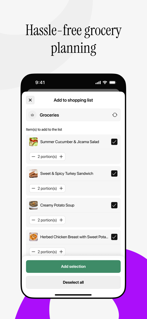 Pantalla de la aplicación WeChef para agregar recetas a una lista de compras con ajustes de porciones
