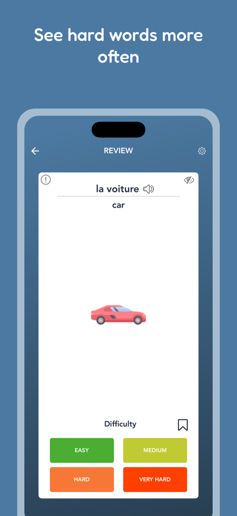 Tobo: Learn French Vocabulary - A French vocabulary flashcard for the word car with four difficulty level selection buttons in the Tobo app.