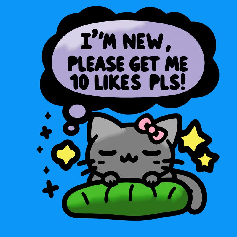 kitty taking a nap dream talking and saying "i'm new, please get me at least 10 likes pls!!"