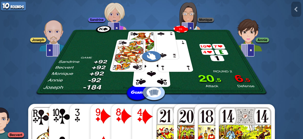 French-Tarot - Une partie de Tarot Français à cinq joueurs montrant les avatars des joueurs et les scores actuels sur un tapis vert