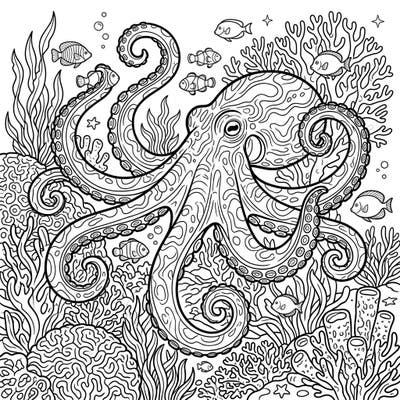 Discover the marvels of the deep with this detailed Caribbean Reef Octopus coloring page. Immerse yourself in an intricate underwater world filled with vibrant coral and playful fish, ready for your artistic touch.