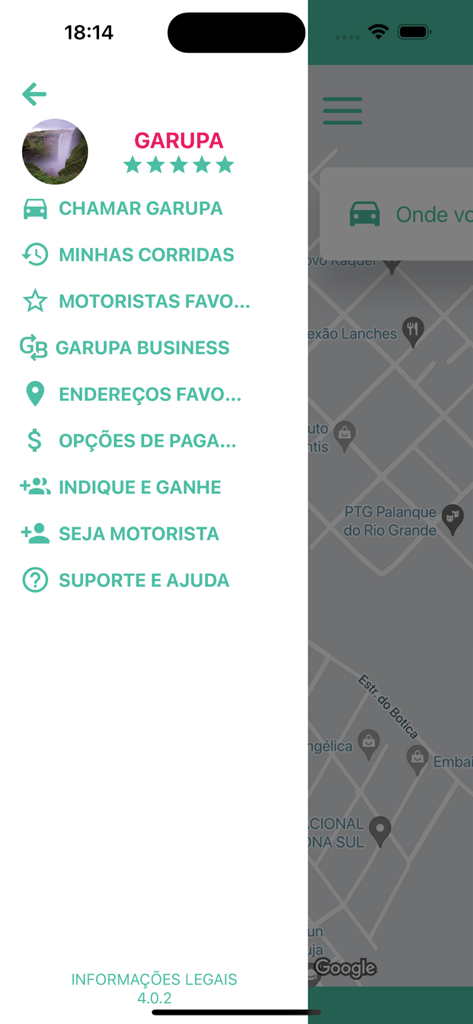 Side navigation menu of the Garupa ride-sharing app showing options in Portuguese like favorite drivers and support.