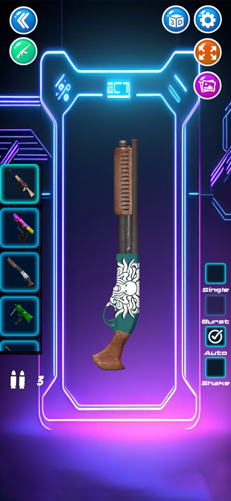 Gun Trick Simulator - A digital shotgun simulator showing a customized weapon with shooting modes and a futuristic neon interface.