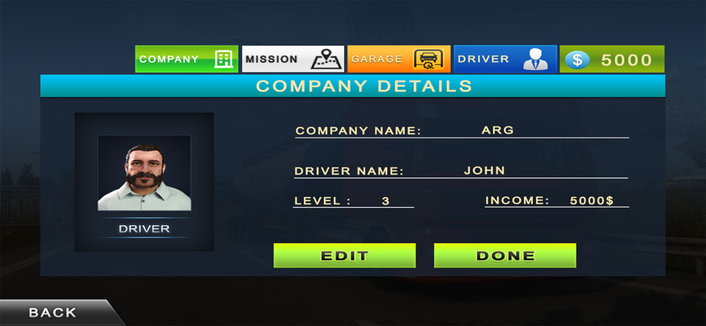 Company details and driver profile screen in the Cargo Delivery Company Truck simulator game