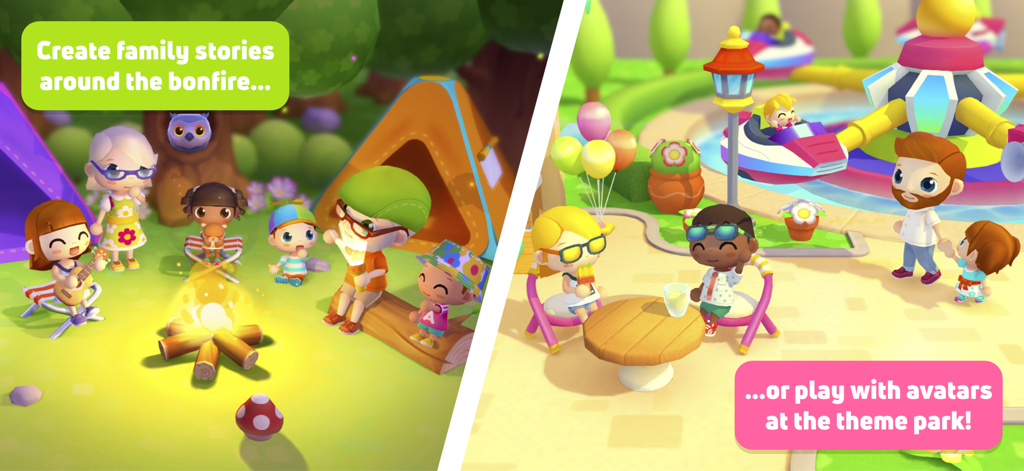 Personajes contando historias alrededor de una fogata y jugando en un parque temático en un juego de casa de muñecas digital.
