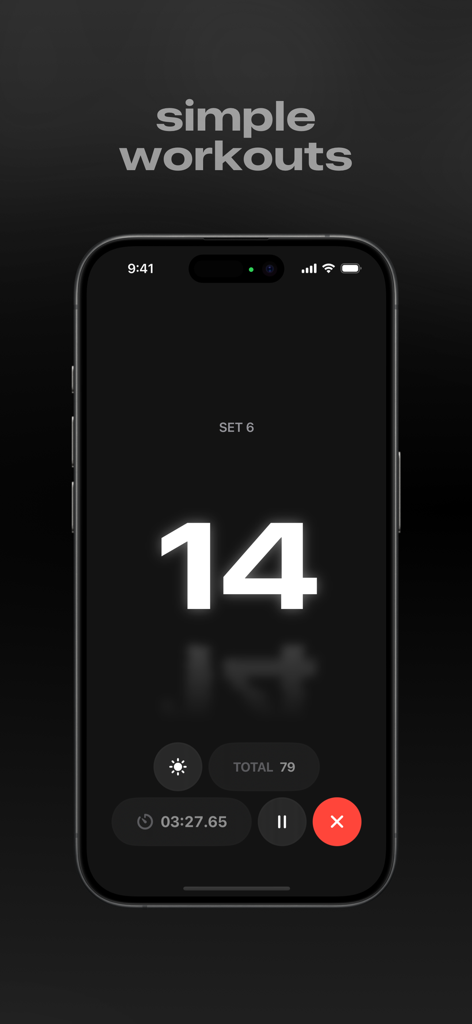 Minimalist dark mode push up counter on iPhone showing 14 reps and workout stats