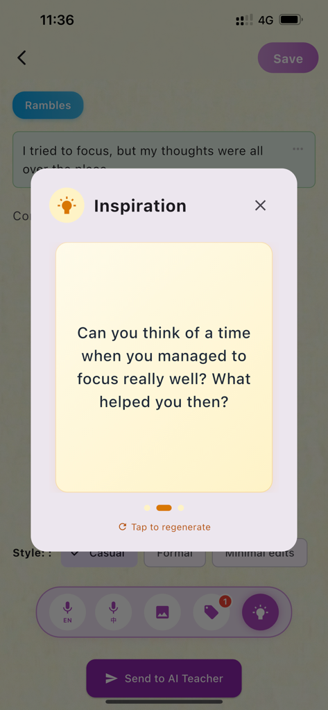 Lingo Journal - Inspiration window with a writing prompt in the Lingo Journal app