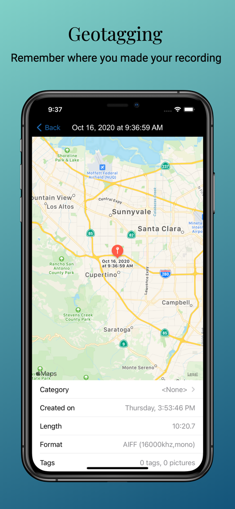 Smart Recorder and transcriber - Smart Recorder app screen showing geotagging and recording location on a map