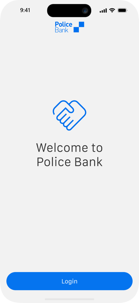 Police Bank Mobile Banking - Welcome screen of the Police Bank mobile banking app with a handshake icon and login button
