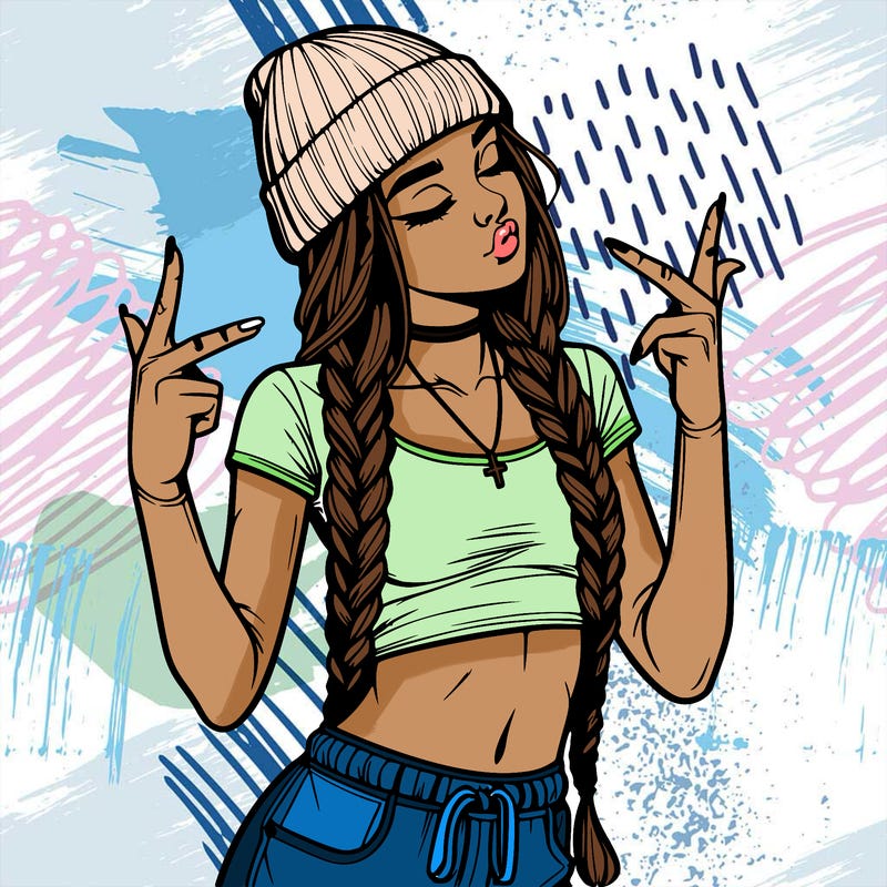 realistic teenage girl with braids and a beanie and crop top doing 🫶🏼