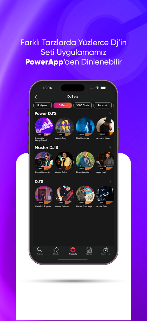 PowerApp: Radio, Podcast, DJ - さまざまなアーティストプロフィールとともに、PowerAppのDJセットカテゴリを表示する携帯電話画面