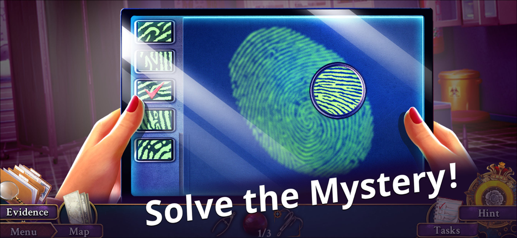 Unsolved: Hidden Mystery Games - Analizando una huella dactilar para resolver un misterio en el juego móvil Unsolved.