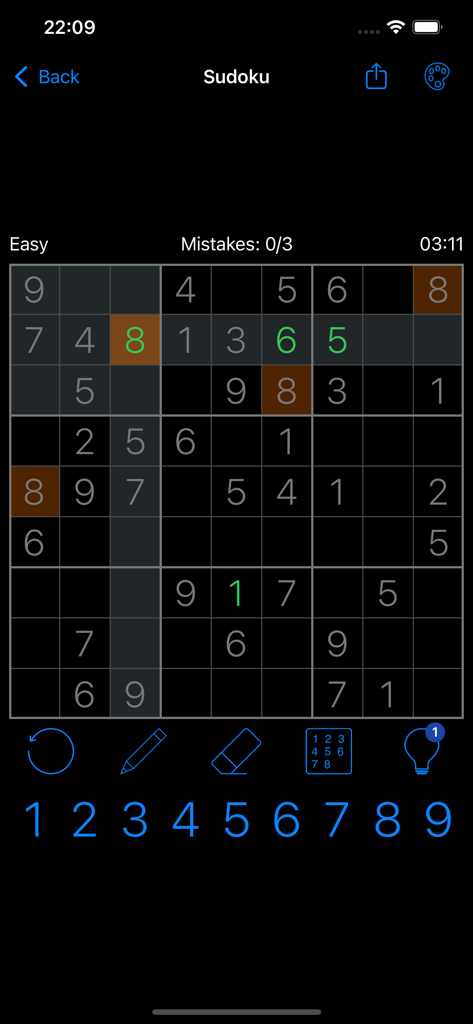 Sudoku: Daily Number Puzzle - Cuadrícula de juego de Sudoku clásico mostrando nivel fácil en modo oscuro