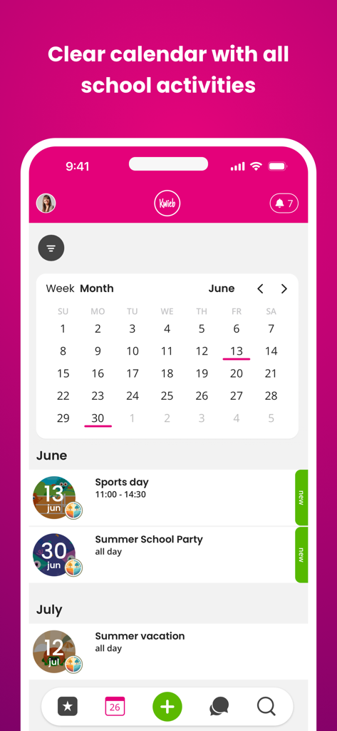 Ziber Kwieb - Ziber Kwieb mobile app showing a clear school activities calendar for parents
