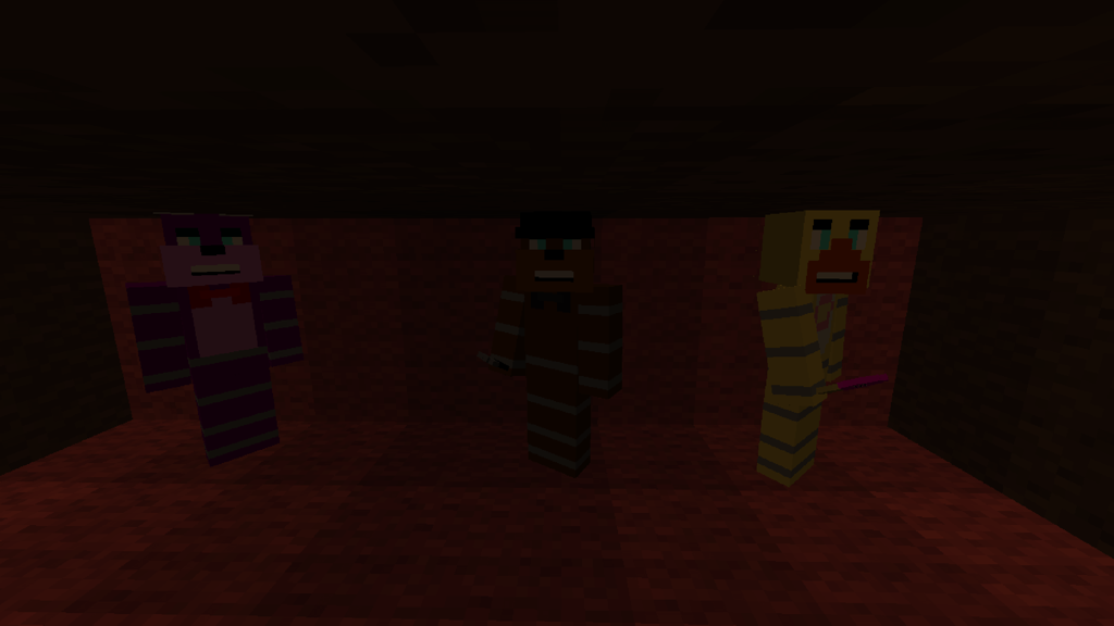 Three blocky characters resembling horror animatronics in a dark room