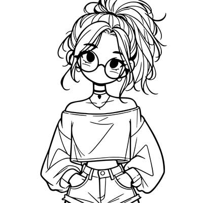 girl with a messy ponytail glasses a baggy crop top and jean shorts