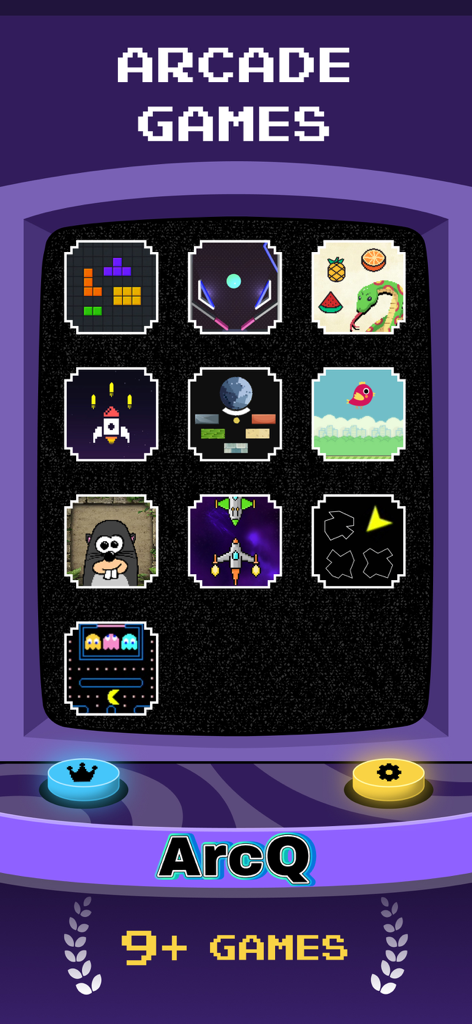 Arcade Games - Arcadia - ArcQ mobile app interface showing a collection of classic retro arcade games