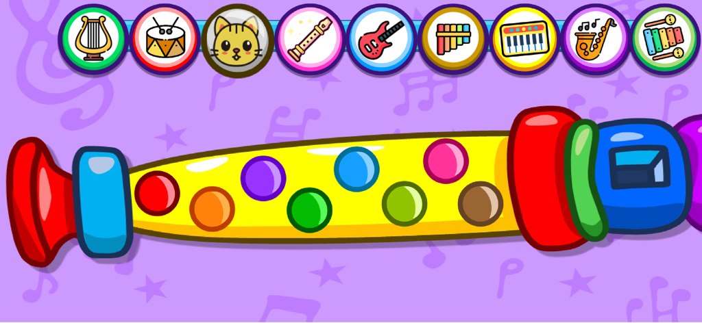 Piano Kids - Music & Songs NEW - Colorful toy flute interface with circular instrument icons in a kids music app