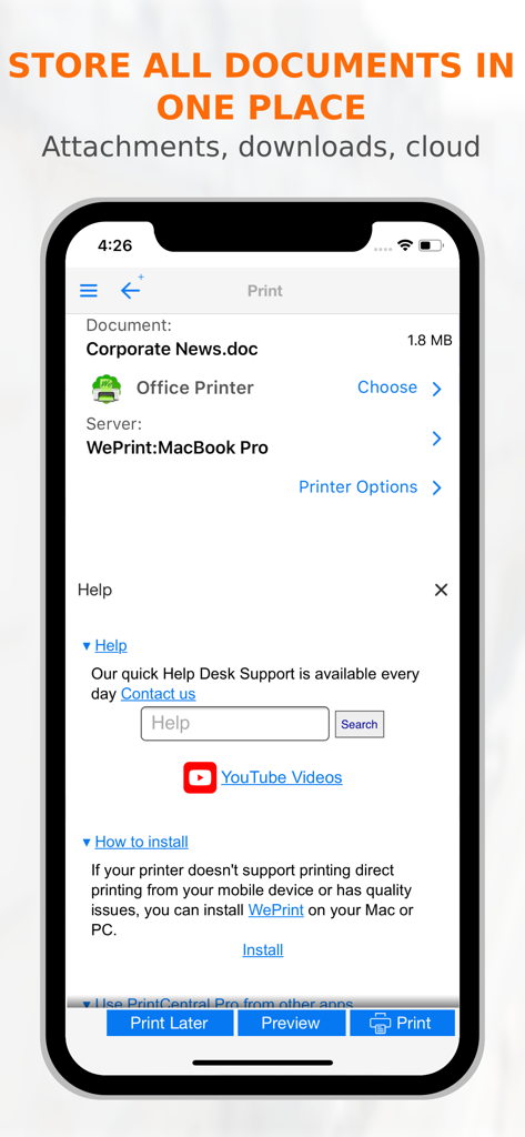 PrintCentral Pro for iPhone - Interface of PrintCentral Pro for iPhone showing options to print a corporate document to an office printer