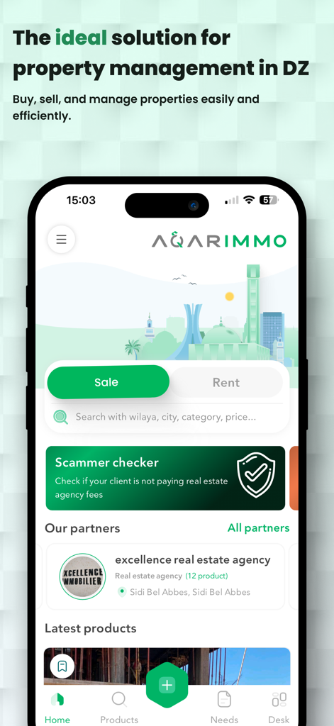 Aqarimmo pro - Tela inicial do aplicativo móvel Aqarimmo Pro exibindo ferramentas de gerenciamento de propriedades e verificador de golpistas para o mercado imobiliário argelino