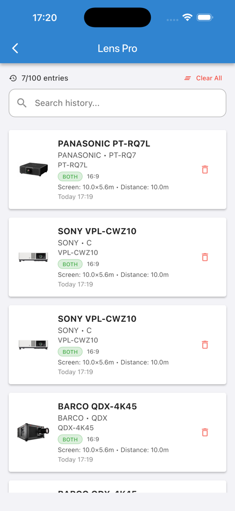 Captura de pantalla de la pantalla de historial de la aplicación LensPro que muestra una lista de resultados de cálculos de proyectores para marcas como Panasonic, Sony y Barco