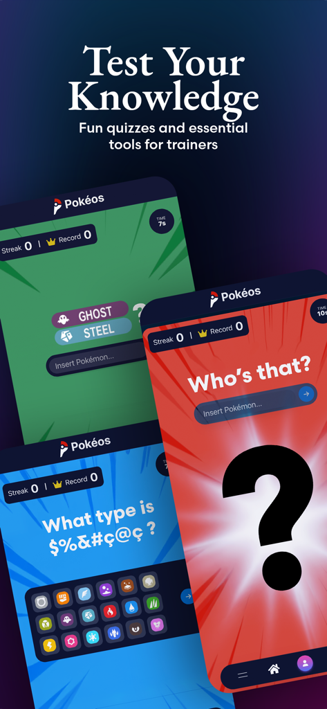 Pokéos - The Pokeos app interface showing various Pokemon knowledge quizzes and trainer tools