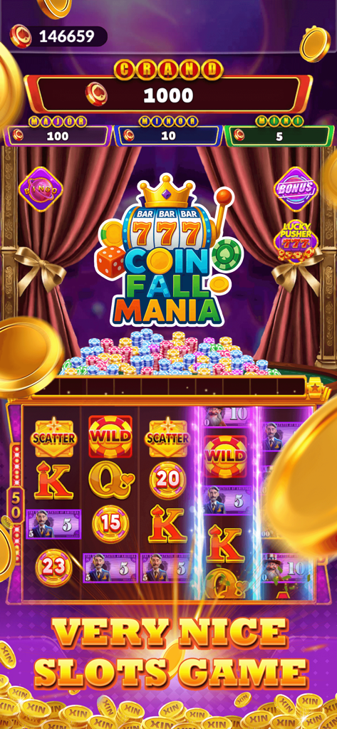 Coin Fall Mania - Pantalla de juego de la máquina tragamonedas Coin Fall Mania mostrando símbolos vibrantes y valores de gran jackpot.