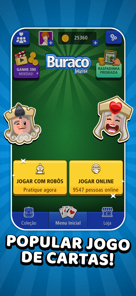 Buraco Jogatina: Jogo de Carta - Main menu of the Buraco Jogatina card game showing options to play online or against robots