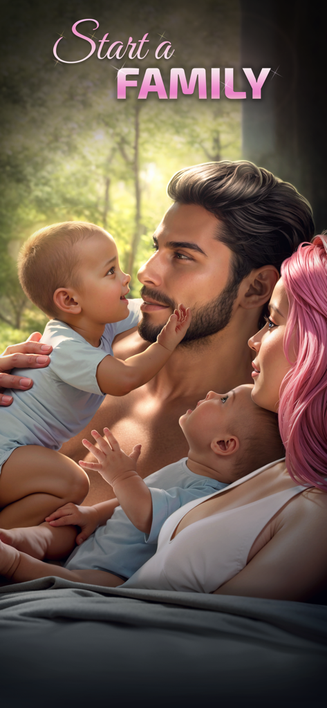 A couple with pink hair and a beard holding two babies in a romantic visual novel scene