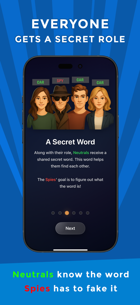 The Spy Game - Imposter Party - Pantalla de la aplicación móvil que muestra los roles de los personajes e instrucciones para un juego de deducción social