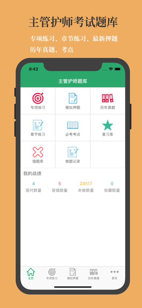 Home screen of the Chief Nurse Exam Question Bank app with icons for practice exams, real questions, and study progress statistics.
