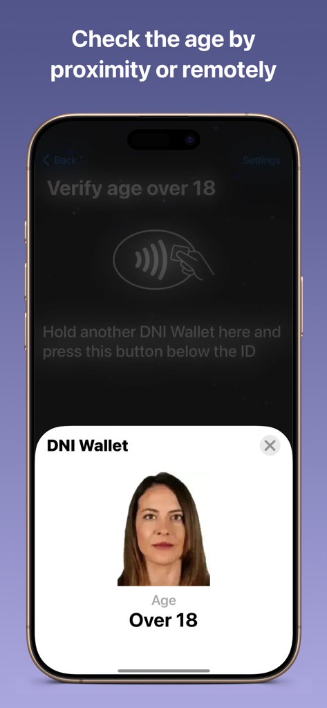 DNI Wallet app interface showing age verification over 18 with a user portrait