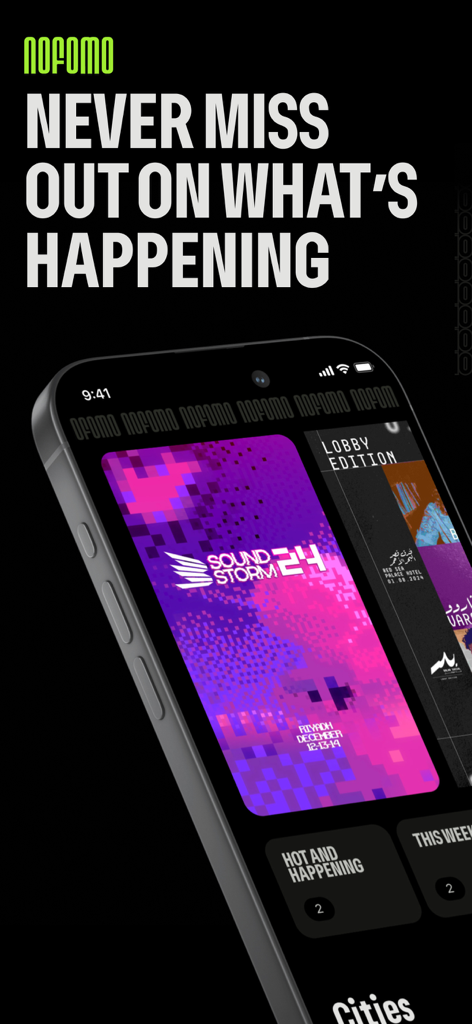 NOFOMO: Saudi Music Events - NOFOMO app interface displaying the Soundstorm music festival in Riyadh