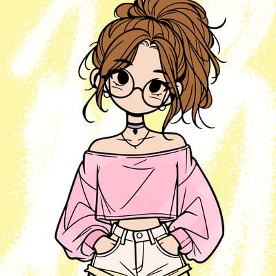 girl with a messy ponytail glasses a baggy crop top and jean shorts