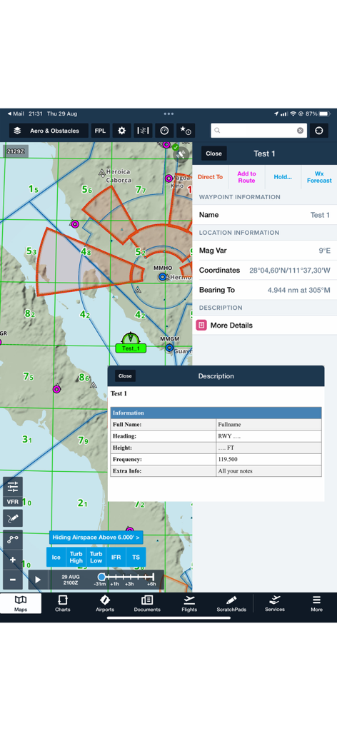 Interfaz de Waypoint Creator que muestra detalles de waypoint personalizados e información de navegación de vuelo