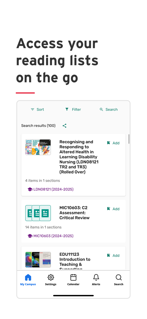 Edinburgh Napier University app interface showing student reading lists and academic search results.