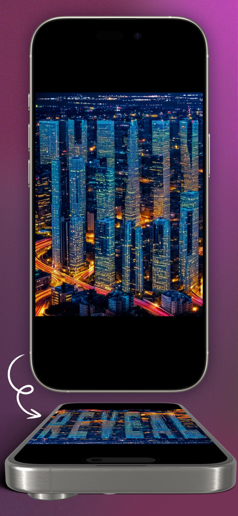 Un iPhone mostrando un paisaje urbano que revela la palabra oculta REVEAL cuando se ve desde un ángulo plano.