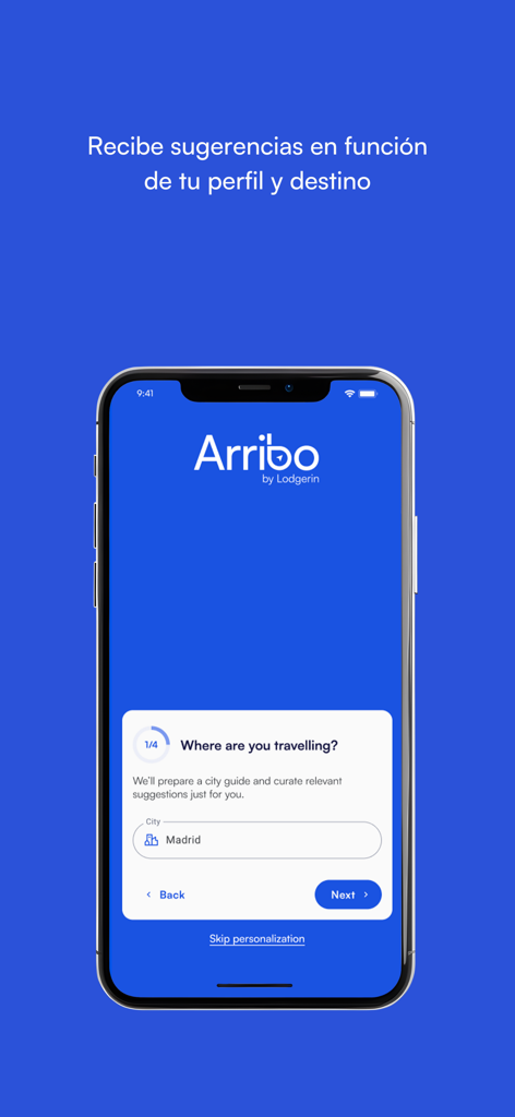 Arribo - Smartphone screen showing the Arribo app's personalization step asking for a travel destination with Madrid selected.