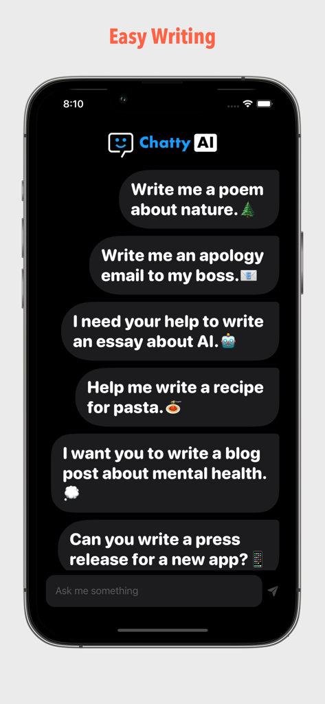 AI Chat! | ChattyAI - Pantalla del smartphone que muestra la interfaz de chat de ChattyAI con indicaciones de escritura para correos electrónicos, ensayos y recetas