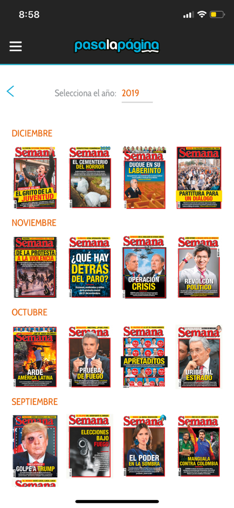 Interface of PasaLaPagina app showing covers of Semana magazine organized by month