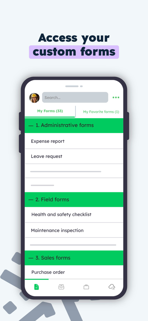 Kizeo Forms, Mobile forms - Interfaz móvil de la aplicación Kizeo Forms que muestra listas organizadas de formularios administrativos de campo y de ventas