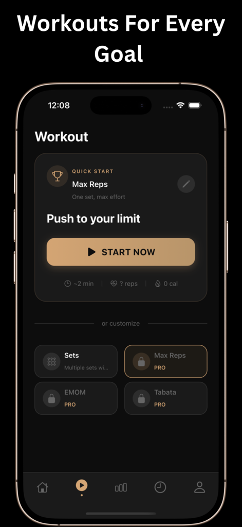 Push Up Counter: PushPro - Interface de l'application PushPro montrant différents modes d'entraînement, y compris Max Reps Sets EMOM et Tabata