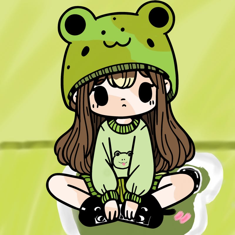 a girl wearing a frog hat and some frog socks