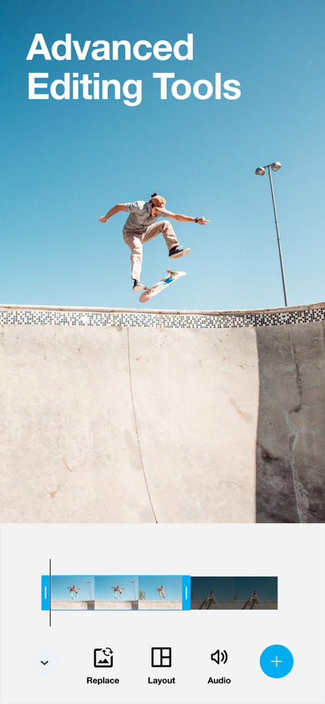 A mobile interface for Vimeo Create app showing advanced video editing tools with a skateboarder video being edited.