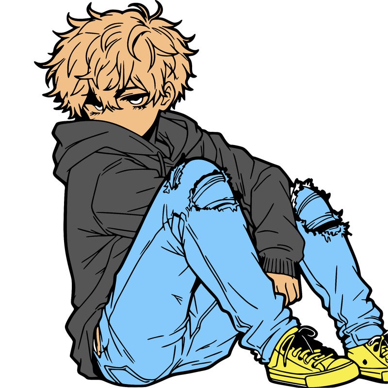 a male hoddie ripped jeans messy hair anime